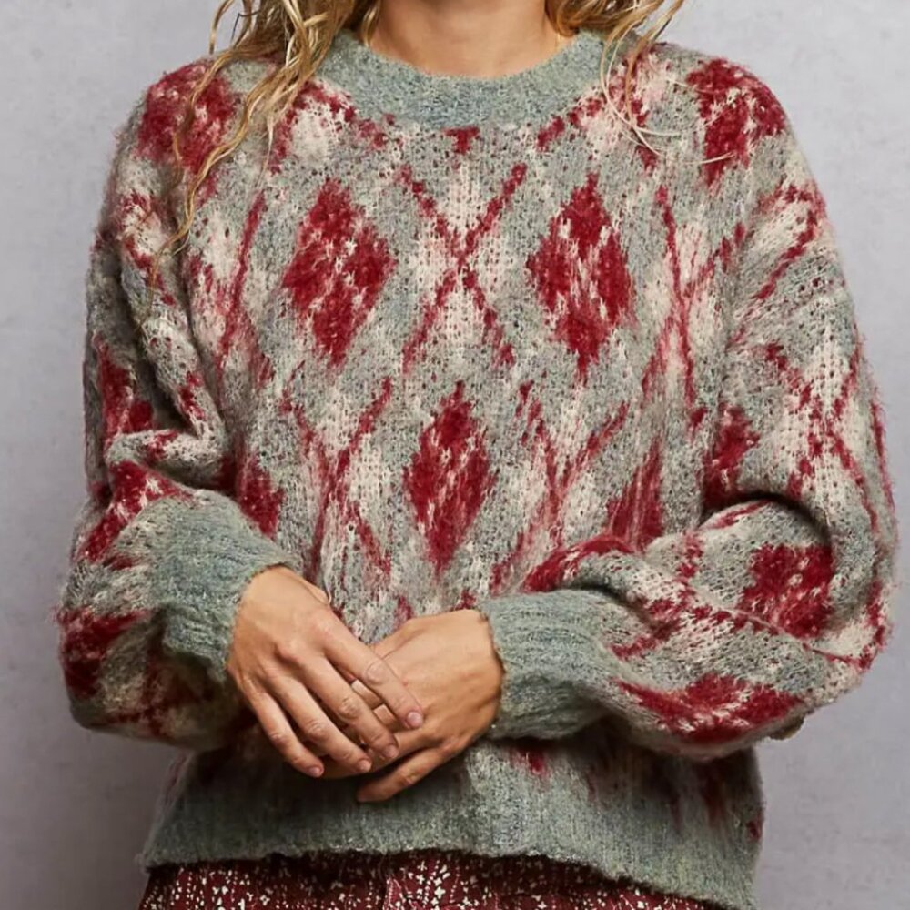NWT LADIES M POL ARGILE RED GREEN STARS HOLIDAY CHRISTMAS LONG SLEEVES SWEATER